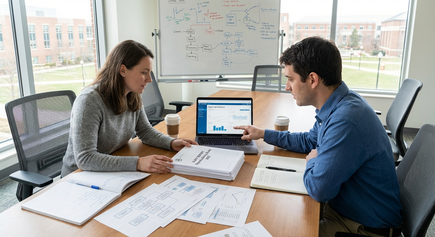 Researchers reviewing reproducibility audit report