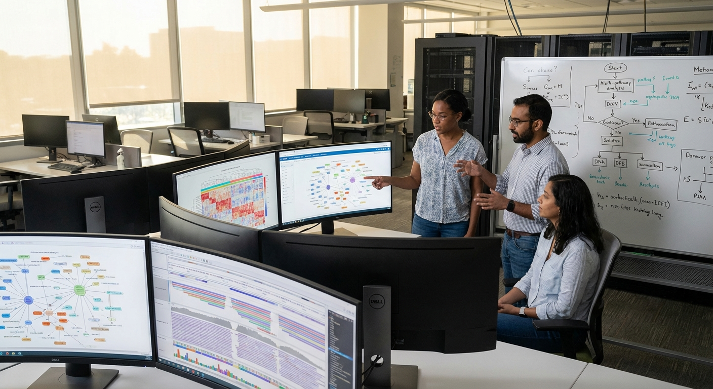 Bioinformatics team collaborating on multi-omics data analysis