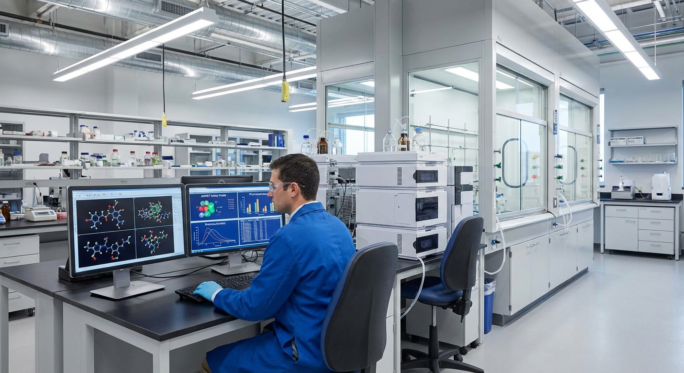 Pharmaceutical scientist analyzing drug safety data in a modern laboratory