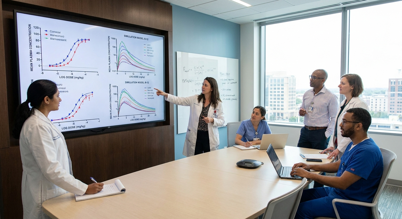 Clinical team meeting at projector screen, reviewing endpoint data and trial design recommendations