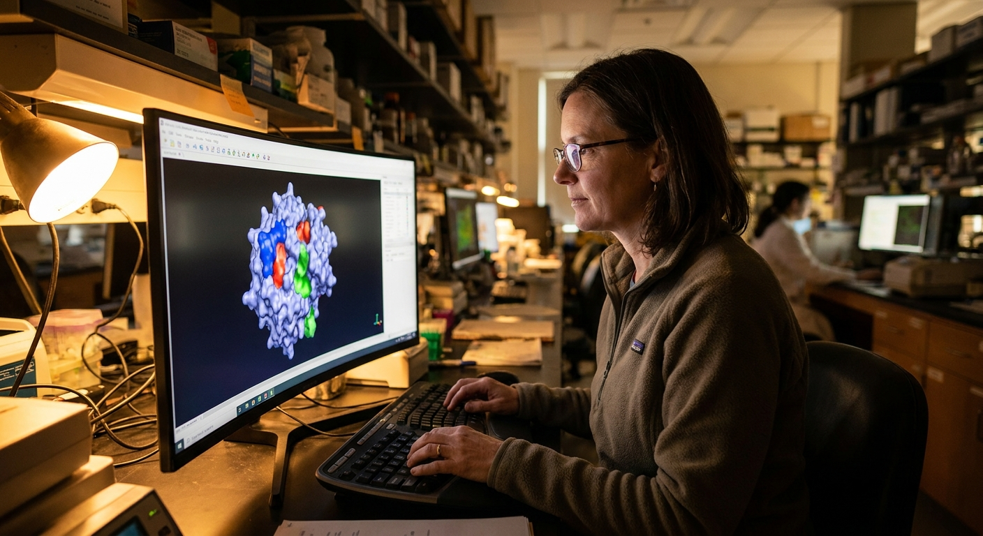 Computational biologist analyzing GWAS data on multiple monitors for rheumatoid arthritis target discovery