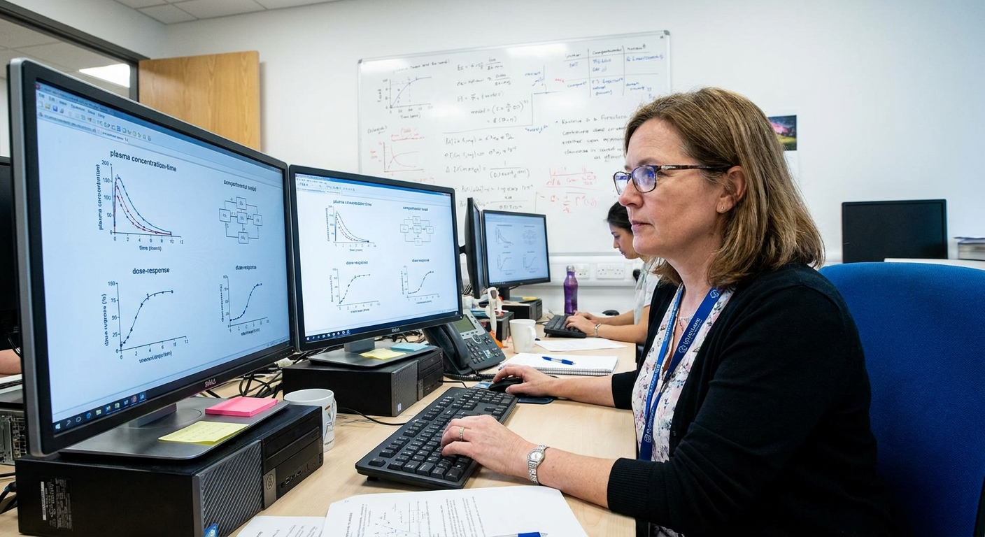 Researcher at triple monitors reviewing pharmacokinetic simulation curves and regulatory documents for IND package