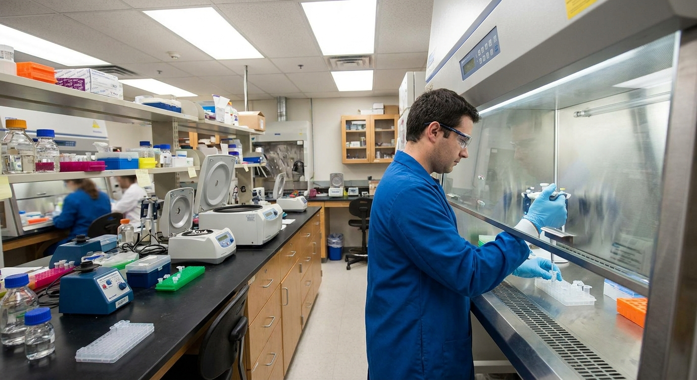 A bench scientist working in a wet lab