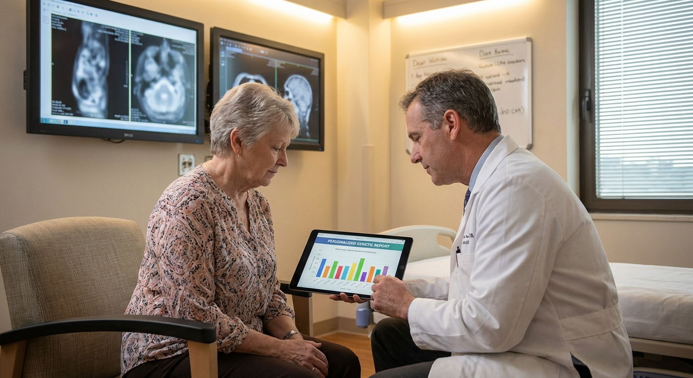 A physician and a patient discussing care over a tablet